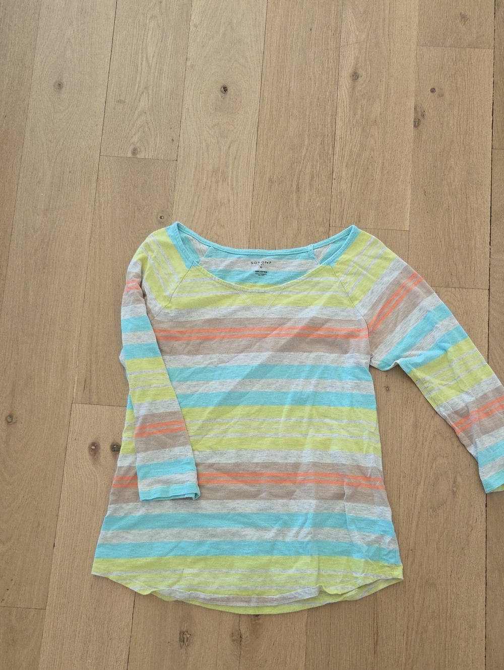 Sonoma Pastel Striped 3/4 Sleeve Tee in Yellow, Aqua & Coral